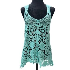 Breeze Ever Teal Floral Crochet Tank Top Boho Beach Cover Up Size M